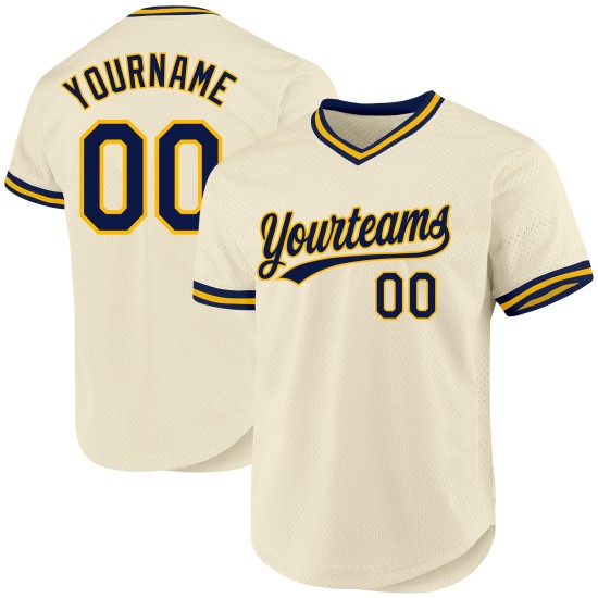 Authentisches, cremefarbenes, individuelles Throwback-Baseballtrikot in Marineblau und Gold Authentisches, cremefarbenes, individuelles Throwback-Baseballtrikot in Marineblau und Gold