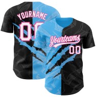 3D Blau-Rosa Benutzerdefinierte Himmel Schwarz Muster Scratch Baseball Authentic Jersey Graffiti