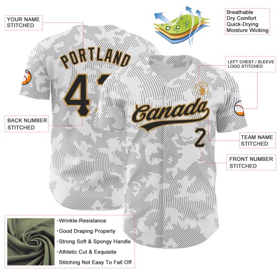 Authentisches Schwarz-Old Jersey Custom Design Linien Kurve Gold Muster 3D Baseball Weiß Authentisches Schwarz-Old Jersey Custom Design Linien Kurve Gold Muster 3D Baseball Weiß