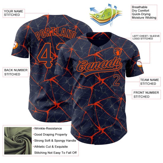 Benutzerdefinierte Baseball Orange Navy Abstraktes Design Netzwerk Authentisches Muster Jersey 3D