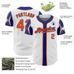 Authentisches Arm-Baseball-Trikot in Weiß, Orange und Königsfarben, individuell 3 Formen Authentisches Arm-Baseball-Trikot in Weiß, Orange und Königsfarben, individuell 3 Formen