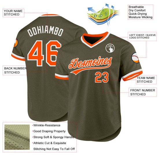 Olivgrünes authentisches bis benutzerdefiniertes orange-weißes Service Throwback Salute Jersey Baseball