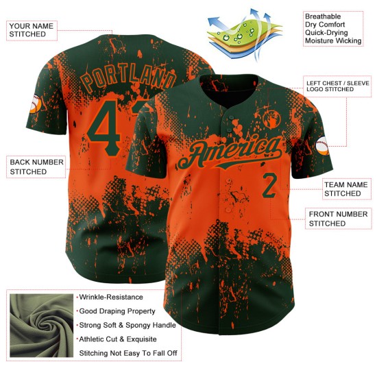 Benutzerdefinierte authentische Orange 3D Grunge Baseball Splatter abstrakte Muster Design Kunst Jersey grün