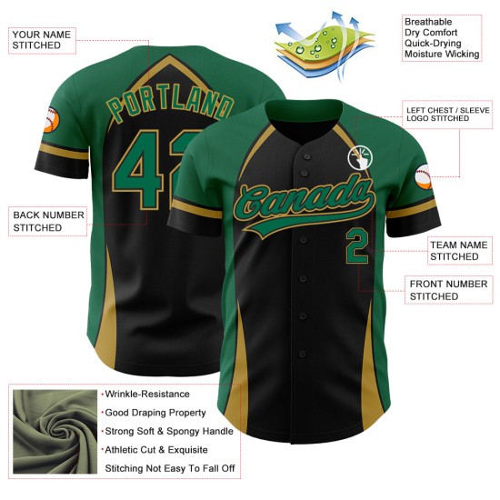 Schwarz Grün-Old Curve Authentic Custom 3D Jersey Baseball Kelly Muster Gold Solid Design
