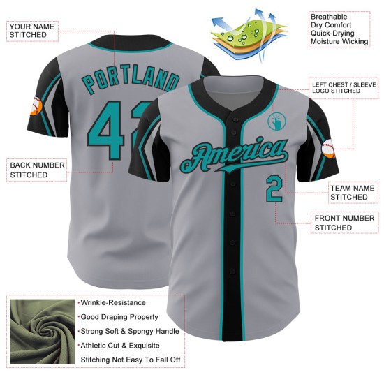 Formen Grau Baseball Blaugrün-Schwarz Jersey Arm Farben Authentic Custom 3 Formen Grau Baseball Blaugrün-Schwarz Jersey Arm Farben Authentic Custom 3
