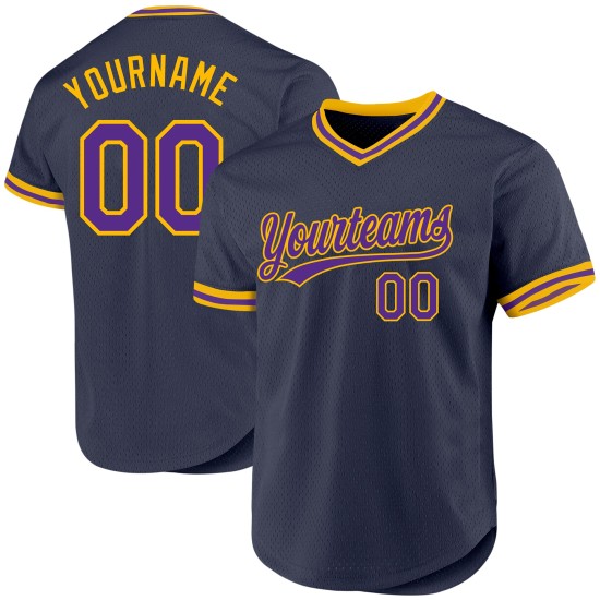 Authentisches Lila-Gold Custom Navy Baseball-Trikot Throwback Authentisches Lila-Gold Custom Navy Baseball-Trikot Throwback