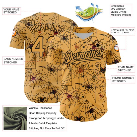 Jersey Web Muster Authentisches Design Schwarz Baseball Spinne Custom 3D Gold