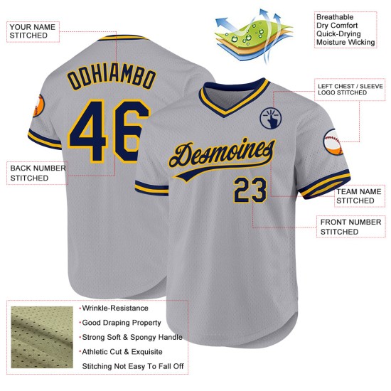 Authentisches Custom Throwback Baseball-Trikot Grau Navy-Gold Authentisches Custom Throwback Baseball-Trikot Grau Navy-Gold