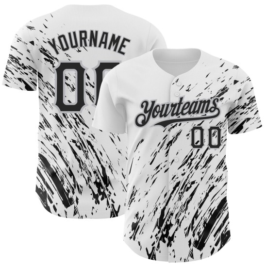 Abstraktes Muster Authentisches Schwarz-Grau 3D Weiß Design Splash Baseball Custom Jersey Abstraktes Muster Authentisches Schwarz-Grau 3D Weiß Design Splash Baseball Custom Jersey