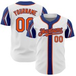 Authentisches Arm-Baseball-Trikot in Weiß, Orange und Königsfarben, individuell 3 Formen Authentisches Arm-Baseball-Trikot in Weiß, Orange und Königsfarben, individuell 3 Formen