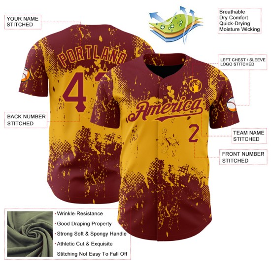 Crimson Grunge Authentic 3D Art Jersey Design Custom Splatter Baseball Abstraktes Muster Gold
