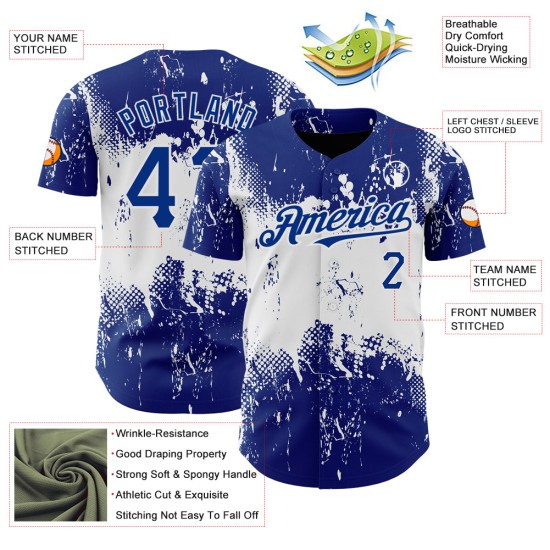 Authentisches Design Art Royal Grunge Weiß Splatter 3D Jersey Abstrakte Baseball Custom Muster Authentisches Design Art Royal Grunge Weiß Splatter 3D Jersey Abstrakte Baseball Custom Muster
