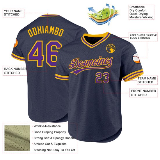 Authentisches Lila-Gold Custom Navy Baseball-Trikot Throwback Authentisches Lila-Gold Custom Navy Baseball-Trikot Throwback
